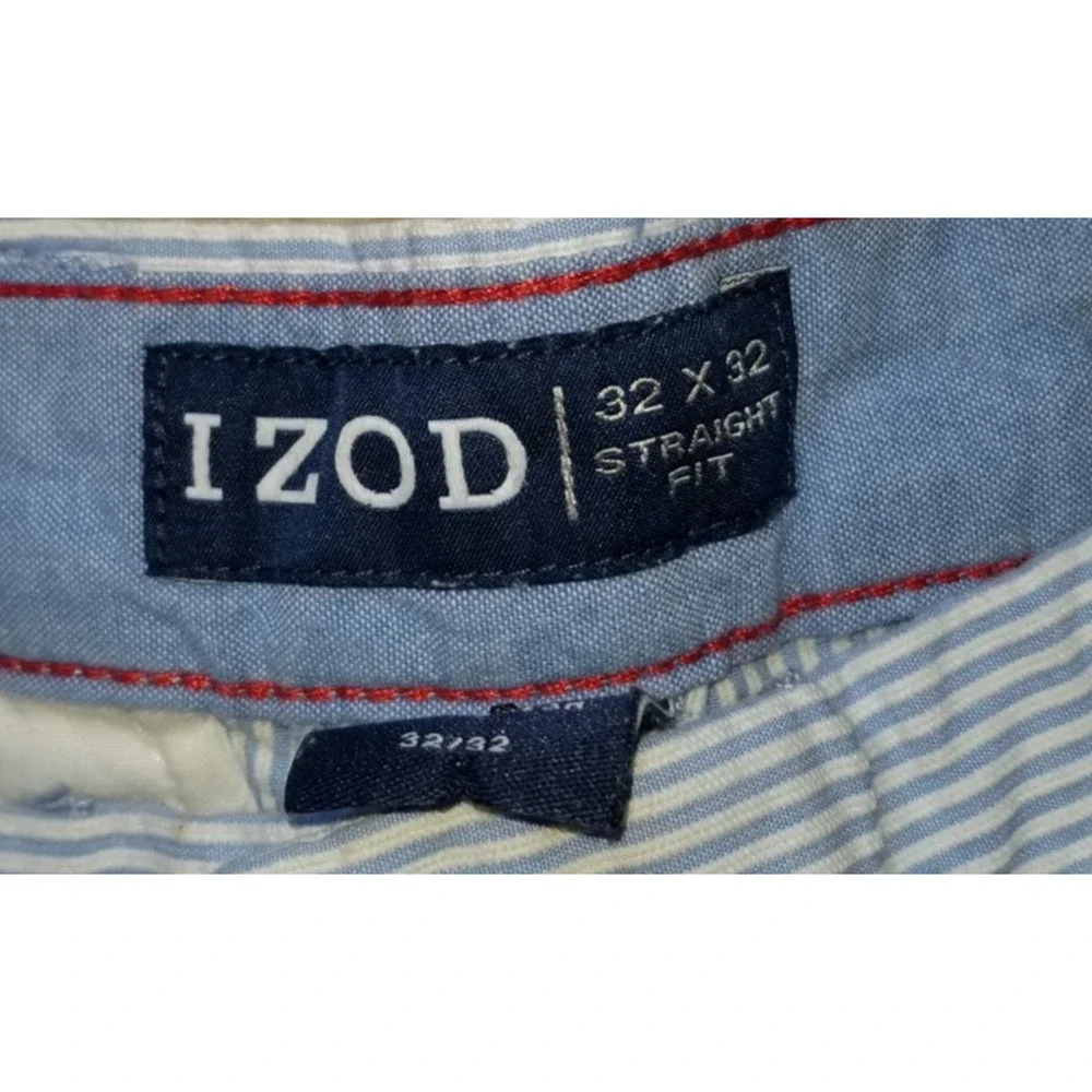 Mens Pants-IZOD-blue/white cotton striped seersucker 'Straight Fit'-32x32